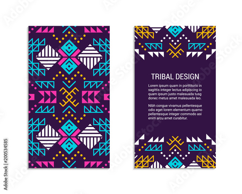 Aztec colorful ornamental vertical card template. American indian leaflet design. Front and back page. Tribal pattern. Ethnic geometric ornate background. Vintage flyer. EPS 10 vector brochure set.