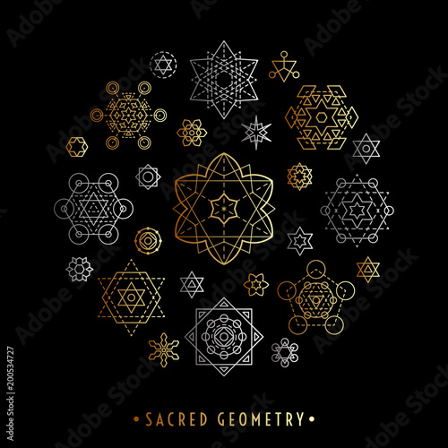 Sacred geometry style symbol set. Round composition of gold and silver sacral geometric outline signs on the blackbackground. Line art elements. EPS 10 linear design vector illustration.