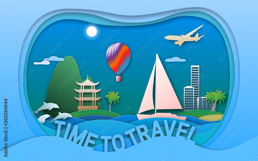Time to travel vector illustration in paper cut style. Sea resort town, sailing yacht, pagoda, balloon, islands, dolphins and aircraft. Travel card design.