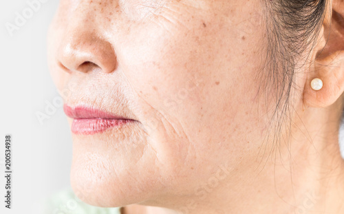 wrinkled of old asian woman skin
