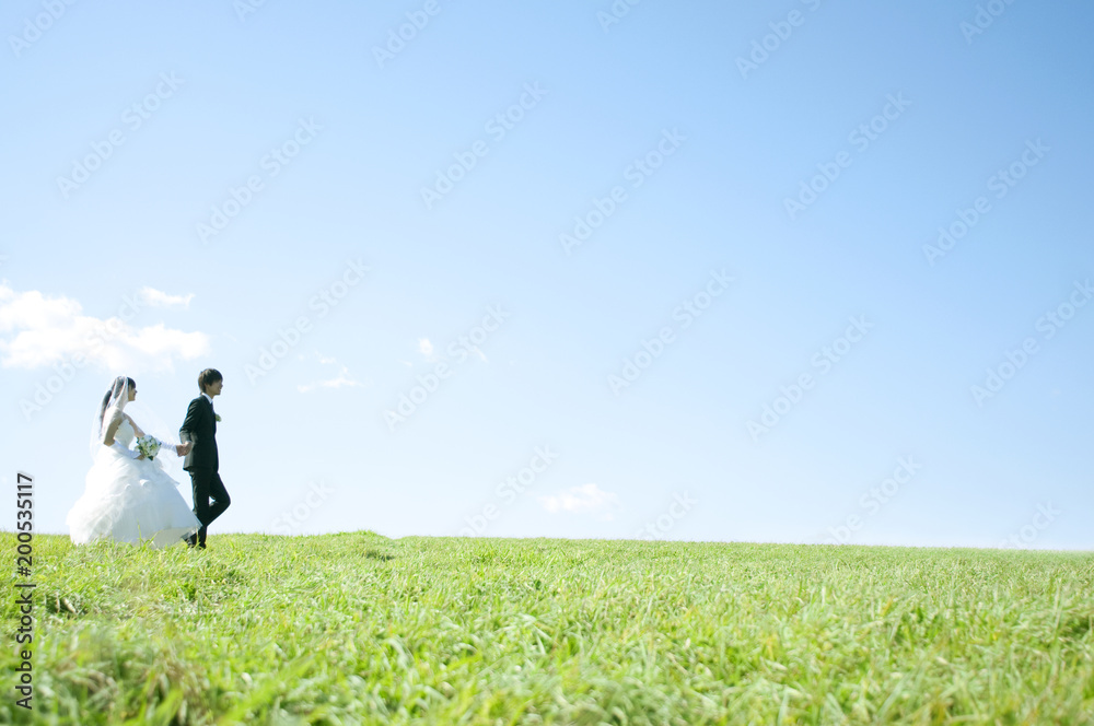 草原を歩く新郎新婦