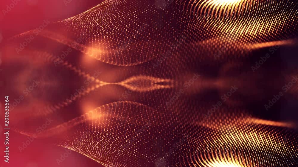 3d loop animation as science fiction background of glowing particles with depth of field and bokeh for vj loop. Particles form line and surface grid. V5 red gold