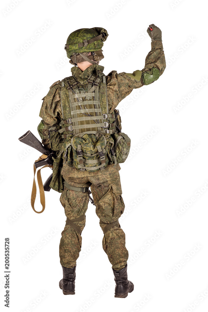 russian special forces soldier with rifle on dark background. army, military and people concept russian special forces soldier with rifle on dark background. army, military and people concept