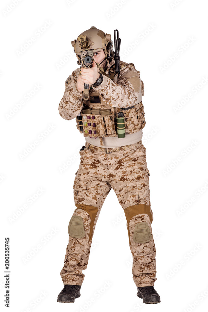 Special forces soldier with rifle on white background. army, military and people concept Special forces soldier with rifle on white background. army, military and people concept