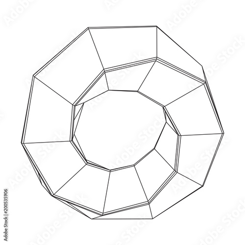 Mobius strip ring sacred geometry. Spatial figure with upturned surfaces. Optical illusion with dual circular contour. Wireframe low poly mesh vector illustration.