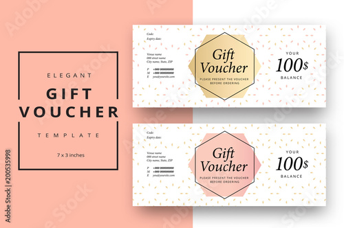 Trendy abstract gift voucher card templates. Modern discount coupon or certificate layout with artistic stroke pattern. Vector fashion bright background design with information sample text.