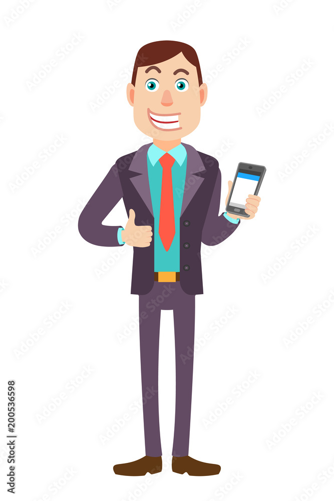 Businessman holding mobile phone and showing thumb up