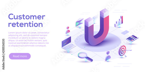 Customer retention or loyalty isometric vector concept illustration. Client care or satisfaction metaphor. Magnet attract potetential buyers. Business marketing idea.
