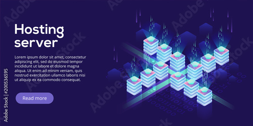 Hosting server isometric vector illustration. Abstract 3d datacenter or data center room background. Network mainframe infrastructure website header layout. Computer storage or farming workstation.