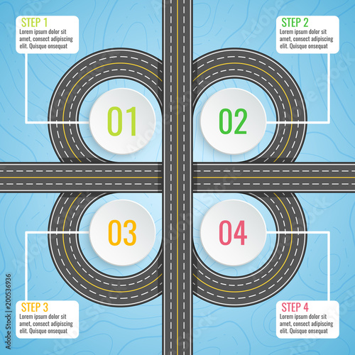 Infographics template with clover road map. Top view vector elements. Road trip. Business and journey infographic design template. Winding road on a blue background