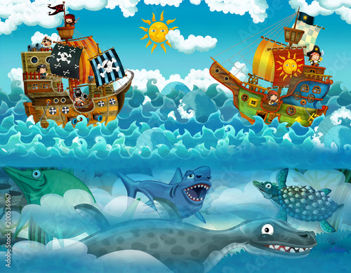 Dekoracja na wymiar  pirates-on-the-sea-battle-with-monster-underwater-illustration-for-children