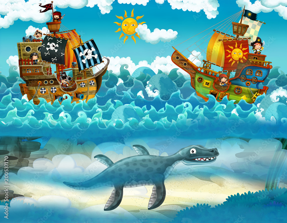 pirates on the sea - battle - with monster underwater - illustration for children