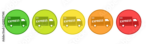 Product Rating System - 5 Delivery Express Transporter Buttons From Green To Red - Vector Illustration - Isolated On White Background