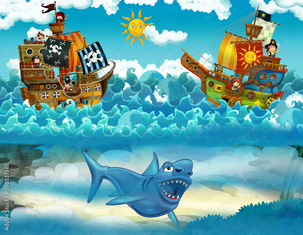 Naklejka premium pirates on the sea - battle - with monster underwater - illustration for children