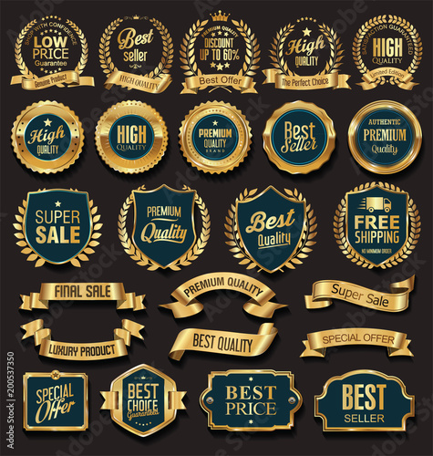 Golden sale badges and labels vector illustration