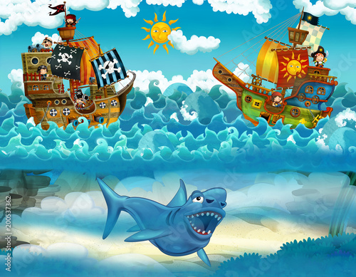 pirates on the sea - battle - with monster underwater - illustration for children © honeyflavour