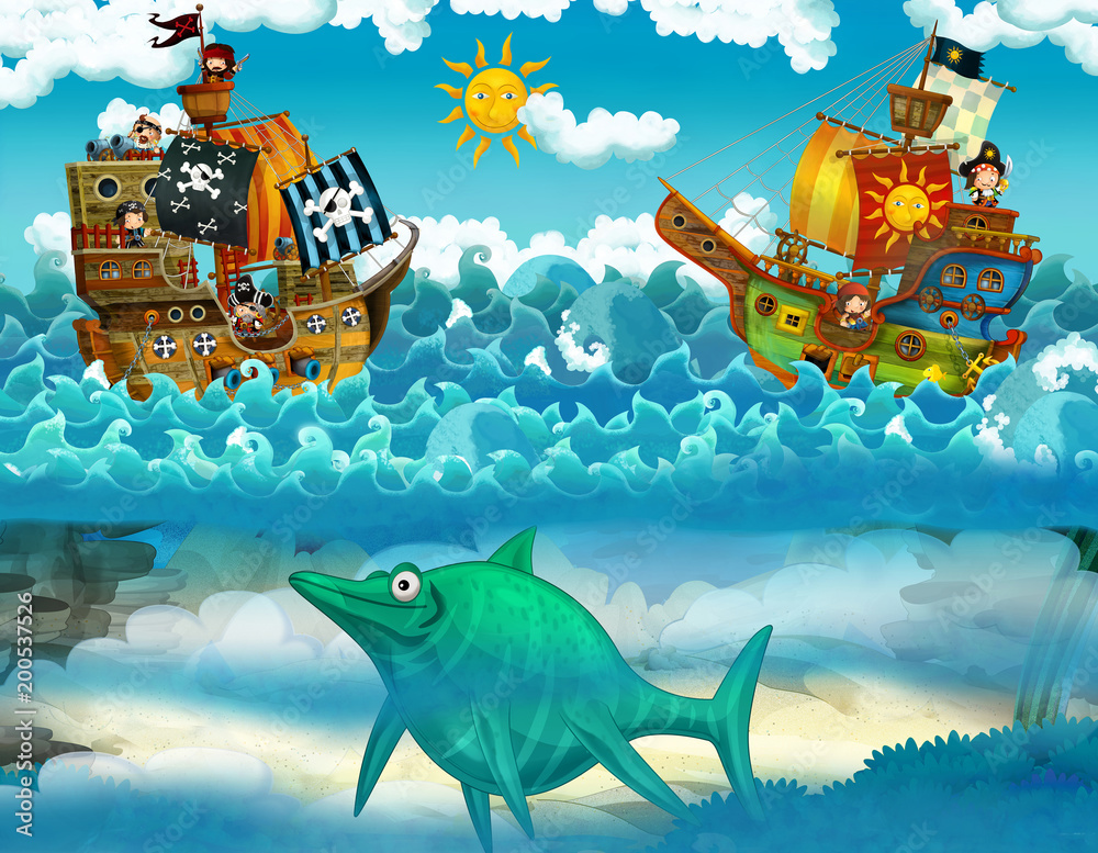 Naklejka premium pirates on the sea - battle - with monster underwater - illustration for children