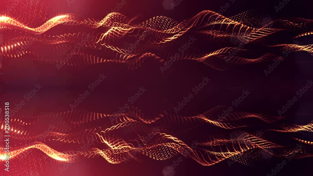 3d loop animation as science fiction background of glowing particles with depth of field and bokeh for vj loop. Particles form line and surface grid. V7 red gold