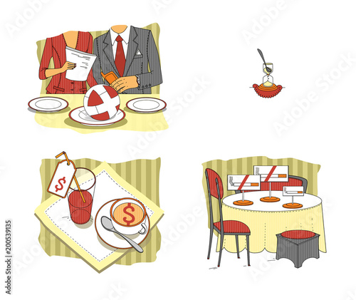 Business meeting in the restaurant. Business lunch. Situations. Etiquette. Talks for lunch. Raster illustration