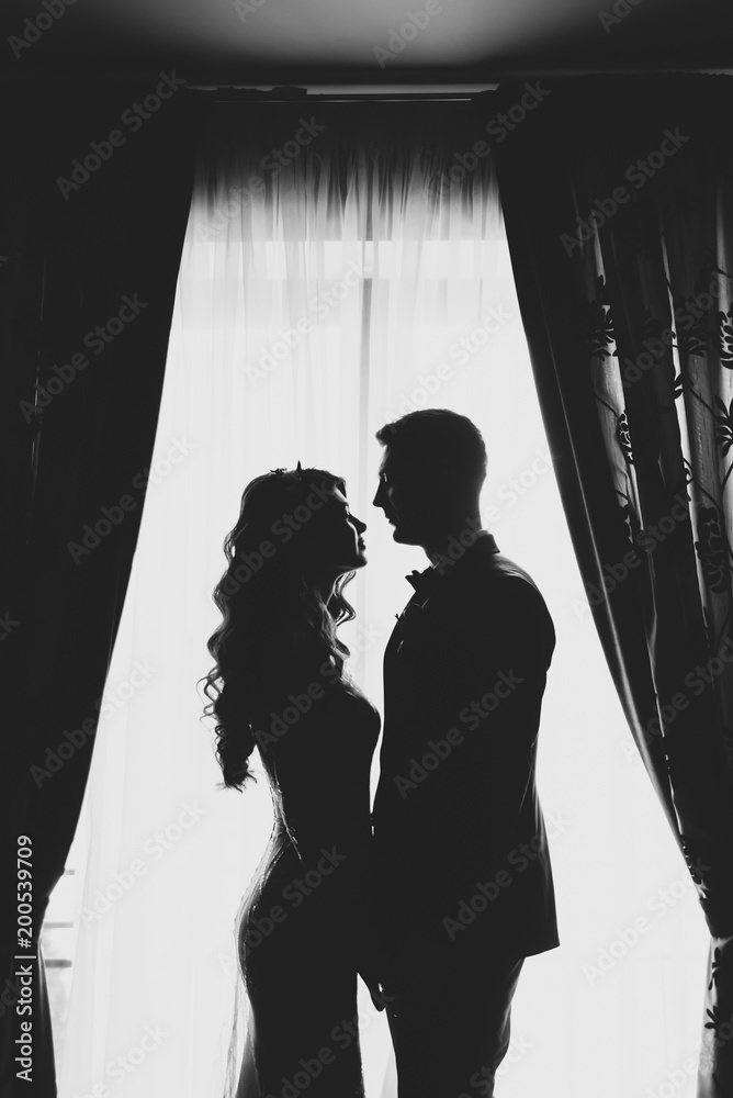 portrait of a romantic couple , silhouette, couple of lovers groom and bride at the window, black and white photography .