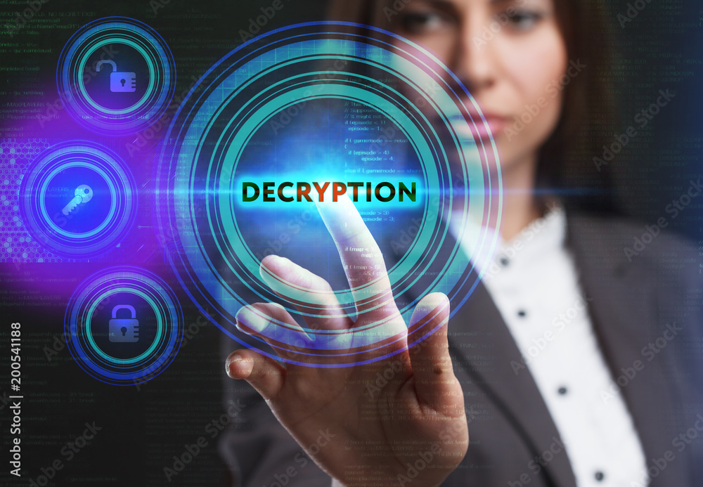 The concept of business, technology, the Internet and the network. A young entrepreneur working on a virtual screen of the future and sees the inscription: Decryption The concept of business, technology, the Internet and the network. A young entrepreneur working on a virtual screen of the future and sees the inscription: Decryption