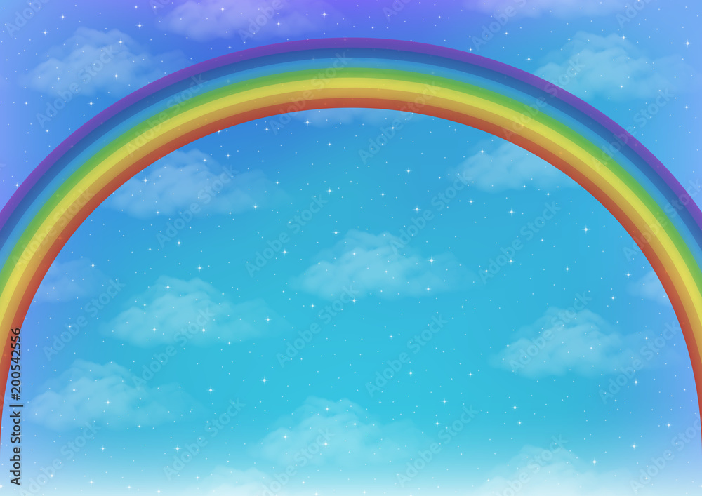 Landscape, Background with Bright Colorful Rainbow on Blue Sky with White Clouds and Stars. Eps10, Contains Transparencies. Vector Landscape, Background with Bright Colorful Rainbow on Blue Sky with White Clouds and Stars. Eps10, Contains Transparencies. Vector
