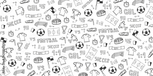 Hand drawn doodle soccer or football background. Isolated elements. Vector illustration