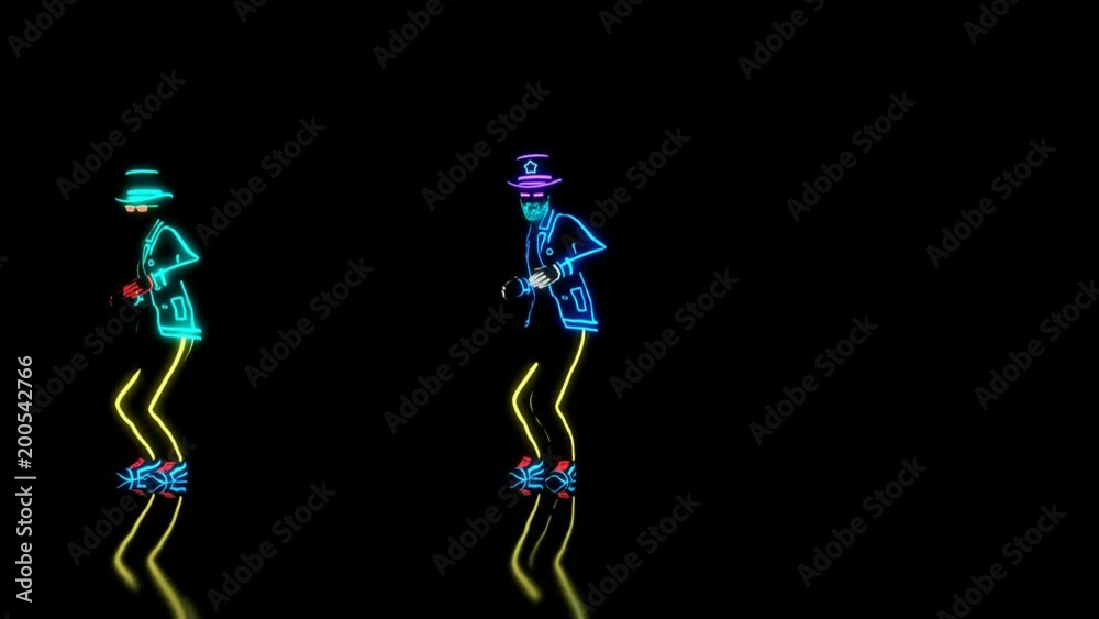 The dance group performs a modern house dance in complete darkness in custom made neon glowing costumes, synchronized with choreography movements. Seamless looping animation, 3D render.