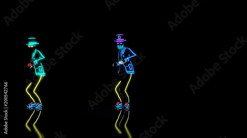 The dance group performs a modern house dance in complete darkness in custom made neon glowing costumes, synchronized with choreography movements. Seamless looping animation, 3D render.
