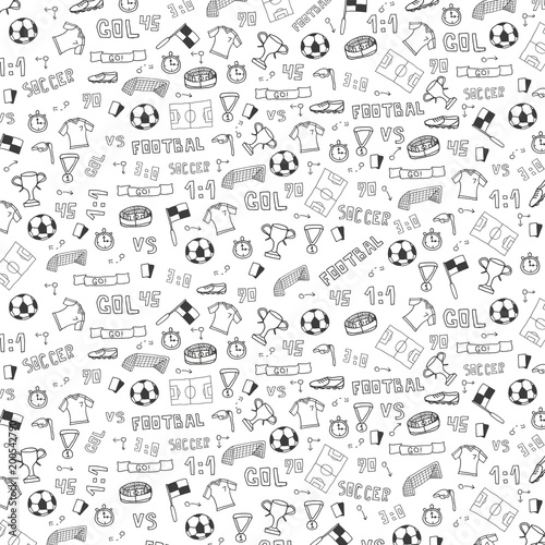 Hand drawn doodle soccer or football background. Isolated elements. Vector illustration