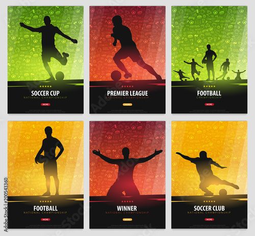 Set of Football or Soccer design posters with hand draw doodle elements on a background and football player silhouette. Soccer championship. Vector illustration