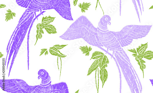 Parrots with tropical leaves seamless background pattern. Vector illustration hand drawn. Embroidery design.