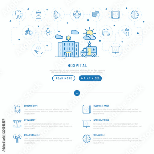 Hospital and ambulance concept with thin line icons for doctor's notation: neurologist, gastroenterologist, manual therapy, ophtalmologist, cardiology, allergist. Vector illustration web page template