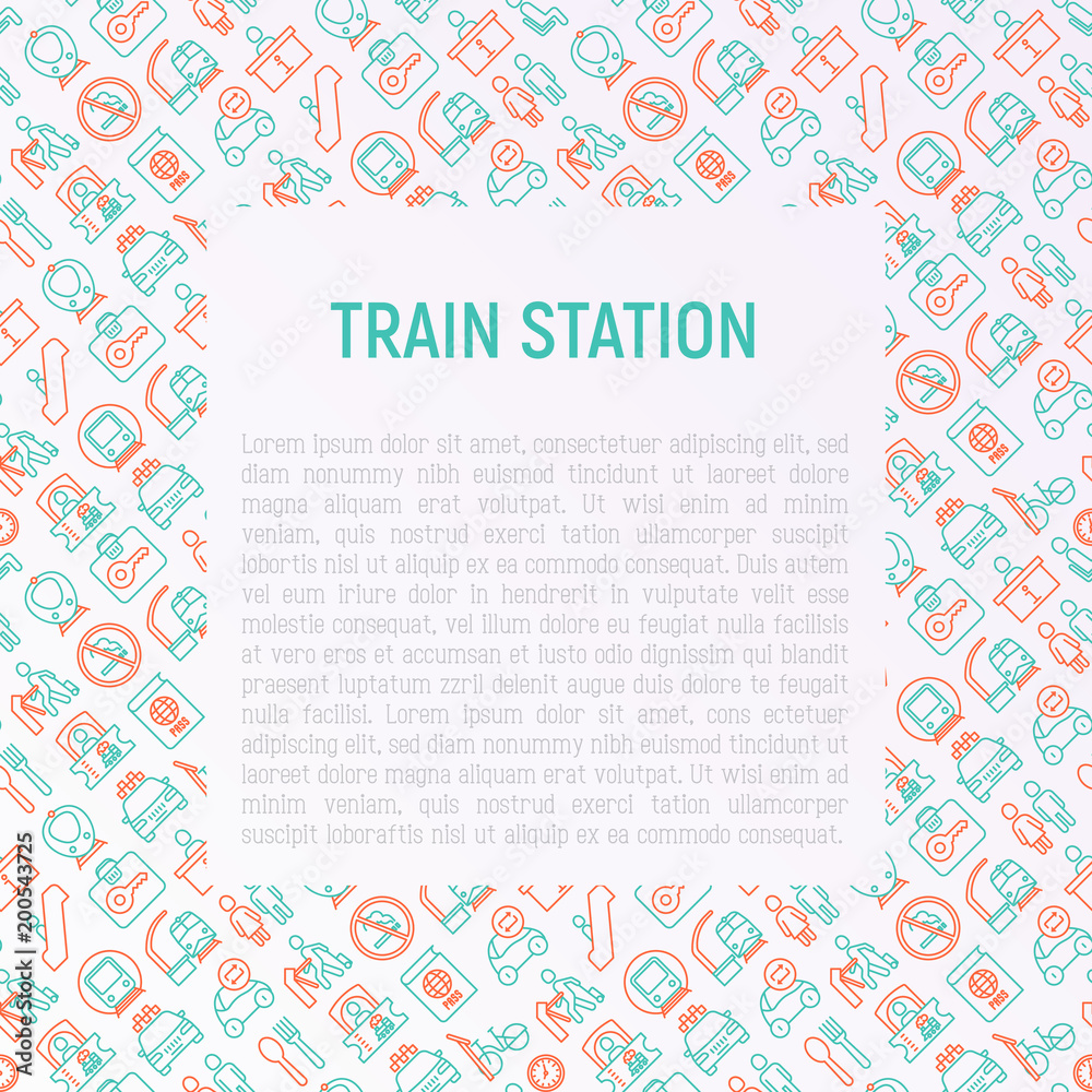 Train station concept with thin line icons: information, ticket office, toilet, taxi, metro, waiting room, luggage storage, turnstile, food court, no smoking. Modern vector illustration. Train station concept with thin line icons: information, ticket office, toilet, taxi, metro, waiting room, luggage storage, turnstile, food court, no smoking. Modern vector illustration.