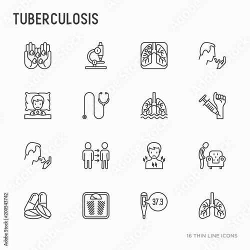 Tuberculosis thin line icons set: infection in lungs, x-ray image, dry cough, pain in chest and shoulders, Mantoux test, weight loss. Vector illustration.