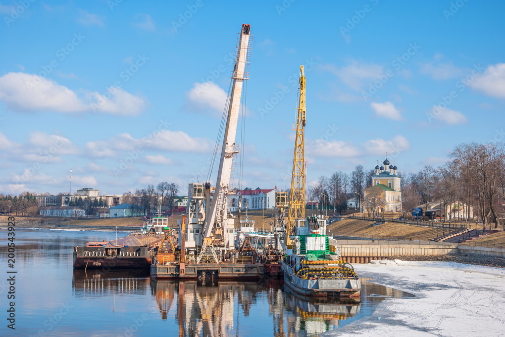 Early spring in the ancient Russian town of Uglich. Cargo port on the Volga