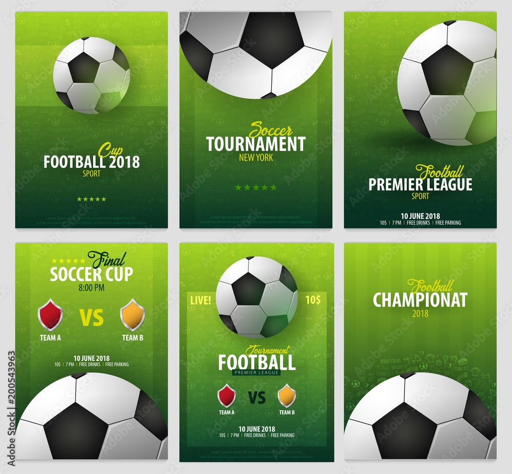 Naklejka premium Set of Football or Soccer design posters with hand draw doodle elements on a background and football player silhouette. Soccer championship. Vector ball. Vector illustration
