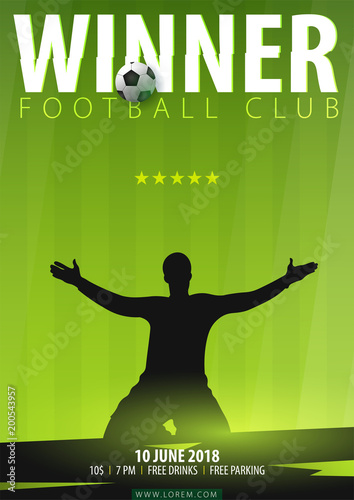 Football or Soccer design poster with hand draw doodle elements on a background and football player silhouette. Soccer championship. Vector illustration