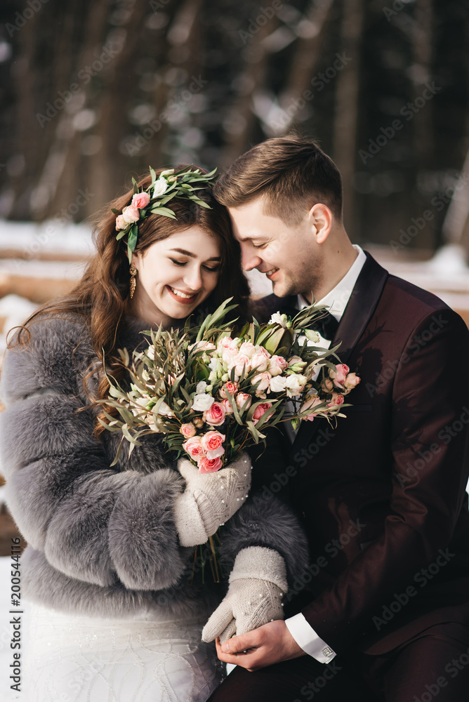 Bride and groom among the snowy landscape. Lovers couple sitting on a log, the winter's tale.