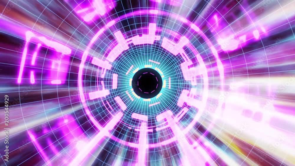 Flight in out through block grid neon hyperspace lights digital cyber tunnel motion graphics animation background loop new quality retro futuristic vintage style cool nice beautiful video footage