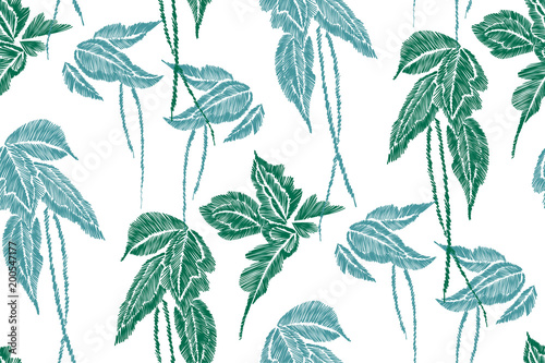 Tropical leaves seamless background pattern. Vector illustration hand drawn. Embroidery design. © Elena