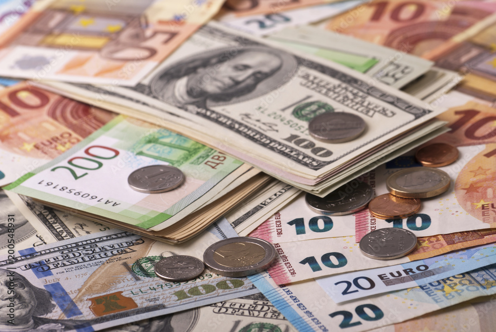 Dollar, euro, ruble banknotes, coins Dollar, euro, ruble banknotes, coins