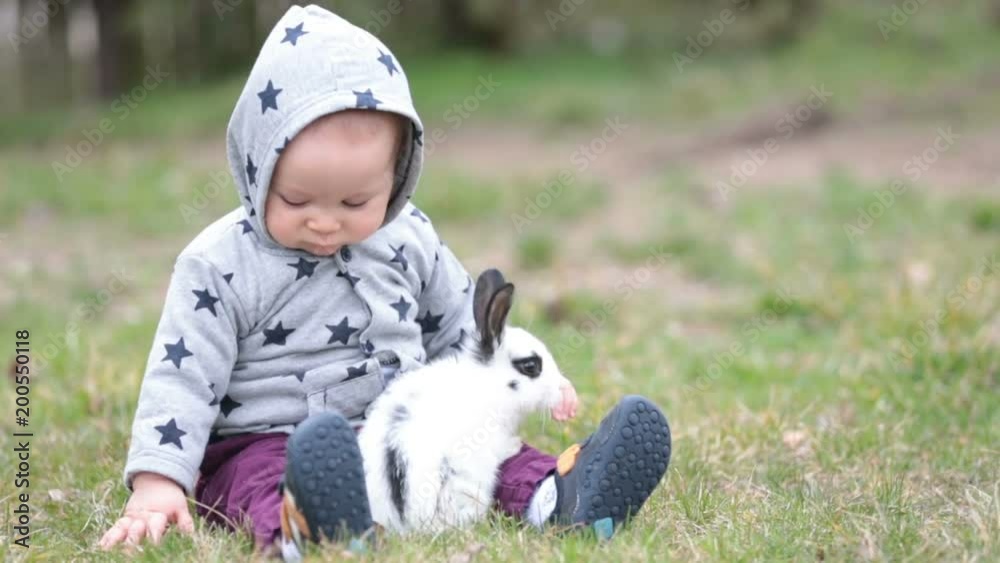 Cute little baby boy, child playing little bunny in park, outdoors Cute little baby boy, child playing little bunny in park, outdoors