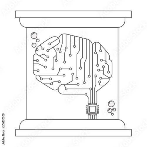brain with circuit electric in futuristic glass bottle