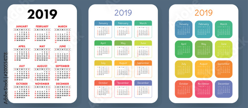 Calendar 2019. Colorful set. Week starts on Sunday. Basic grid