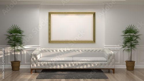 mock up empty golden photo frame with white sofa in front of empty white wall decorative items minimal style in empty room vintage style 3D rendering 