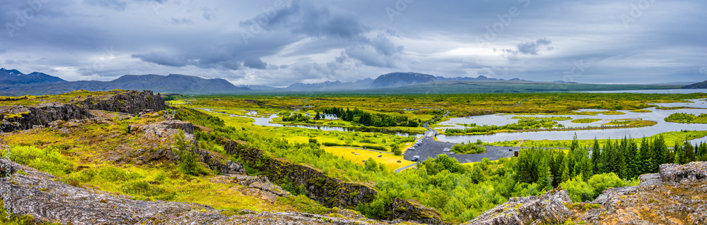Panoramic view of Thingvellir national park and Pingvallavatn on Iceland