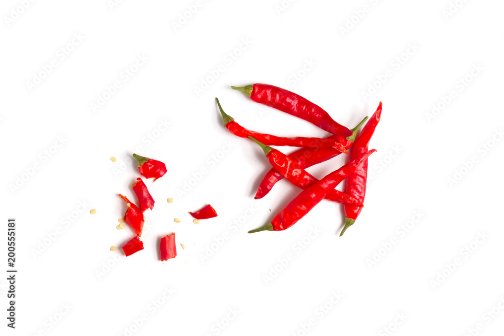 top view of chili sliced and cut and artful arranged on white background top view of chili sliced and cut and artful arranged on white background
