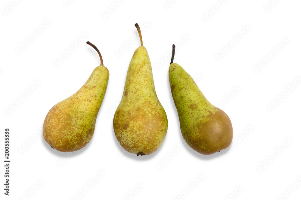 top view of three pears on white background, arranged artistically top view of three pears on white background, arranged artistically