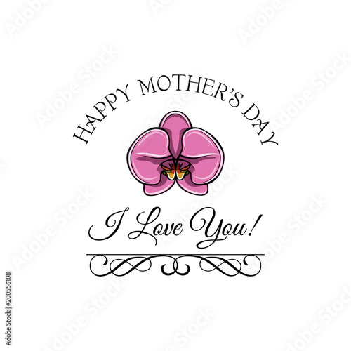 Mother s Day greeting card with Pink Orchid and swirls.  illustration. photo